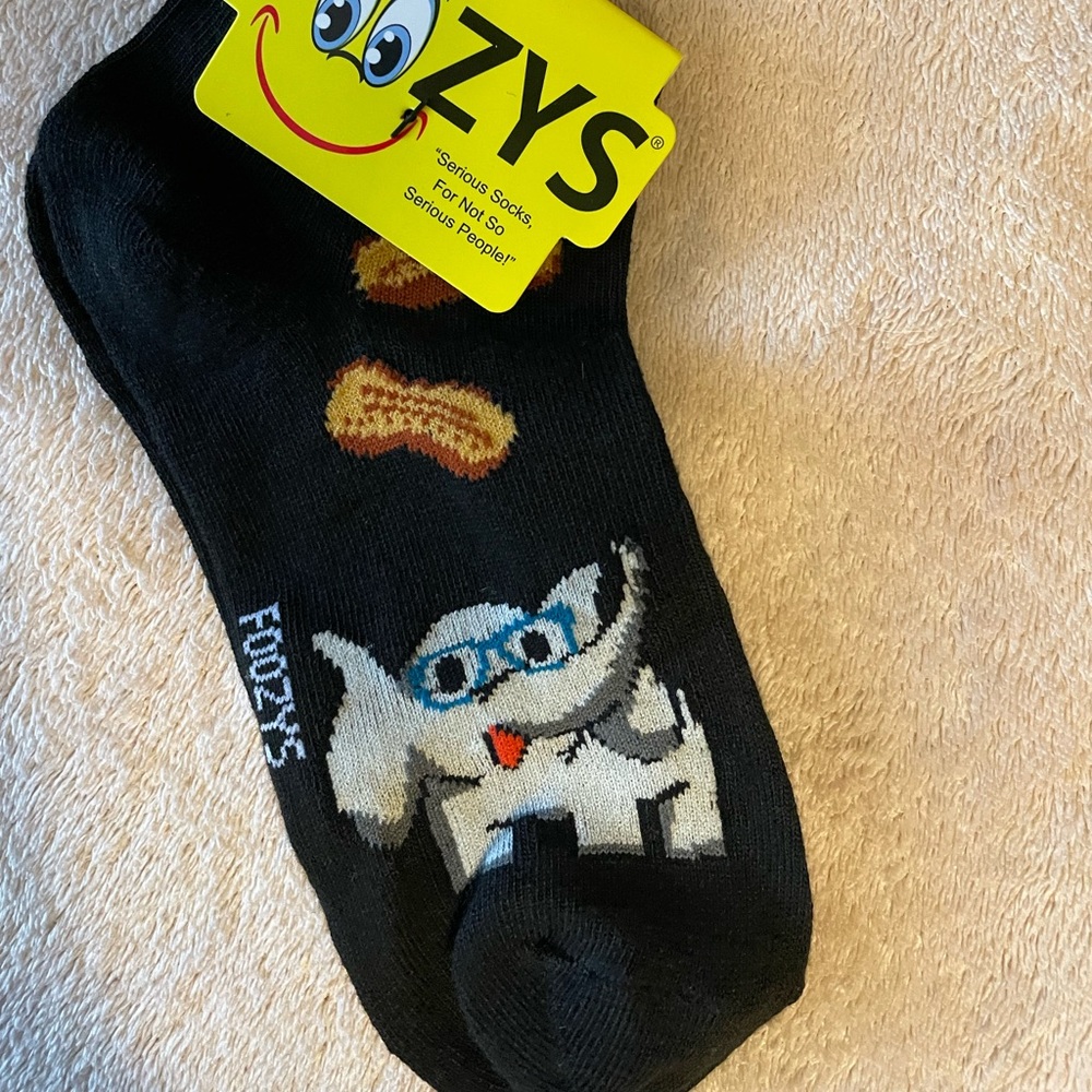 Foozy’s Women’s No Show (ankle) socks.  Black Elephant and Peanuts.